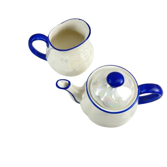 Vintage Lusterware Teapot and Creamer Set Iridescent White Cobalt Blue Trim Cera - Picture 4 of 6